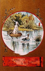 The Rabbit and the Teal, illustrated card depicting the fable by Jean de la Fontaine by French School