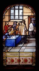 The Revolutionary Court of Quimper condemns these confessors of faith to detention followed by exile and deportation (1793-95) - stained glass windows of St Germain Church in Kerlaz by French School