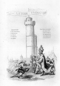 The Tower is careful. A colonel with a gun comes down to the king, followed by pages. Engraving in Chants et chansons populaire de la France, Tome 2 by French School