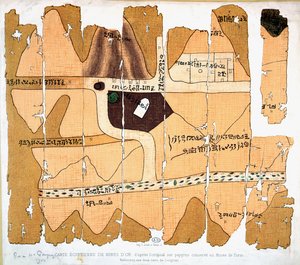 The Turin Papyrus, reproduction of an ancient Egyptian map of gold mines based on an original papyrus of c.1300 BC conserved in the Museo Egizio in Turin