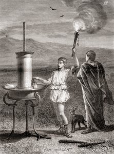 The ancient Greek hydraulic semaphore system being used by Aeneas to send a message, 4th century BC, from Les Merveilles de la Science, published c.1870 by French School