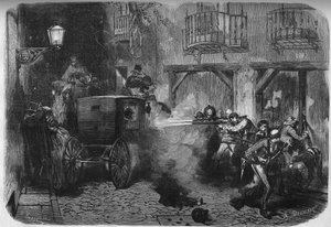 The assassination of Juan Prim y Prats, Spanish general and politician, at his exit from the Cortes, in the street del Turco in Madrid on 28 December 1870. Engraving in Le Monde Illustré n°724 of 25 February 1871.