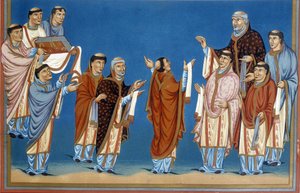 The canons of Saint Martin of Tours offering King Charles II called the Bald a Bible written in their abbey