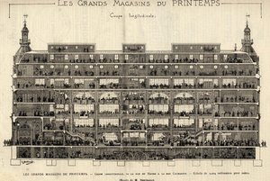 The department stores of Printemps in 1889, longitudinal section, from Rue du Havre to Rue Caumartin, drawing by Berteault, Bianchetti collection by French School