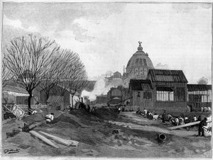 The earthmoving site for the installation of the monumental fountain in Paris for the world exhibition of 1889