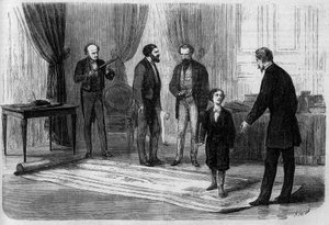 The engineer Boutet presented his plan for a railway bridge between France and England to Emperor Napoleon III (1808-1873), in the presence of his son Prince Imperial (1856-1879) by French School