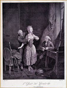 The essay of the corset (two men and one woman with stripped breasts) - 18th engraving