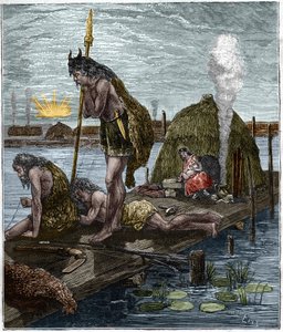 The first Parisians, or inhabitants of Lutece (Paris) (hutte on stilts) Engraving of 