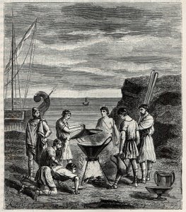 The first navigators in the Greek archipelago obtained fresh water by vaporizing sea water - Engraving in 