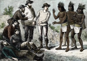The inhabitants of Peru helping the jesuits suffering of malaria with Cinchona by French School