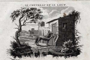 The Kid and the Wolf. Fable of Aesop. Written by Guillaume Montfort and engraved by Beauble in 1801 by French School
