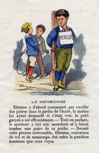 The lie. A school boy tears and ties to a pole with a liar sign around his neck to punish him for his lie. Little boys alphabet. Abecedary has moral value containing reading exercises. Epinal imaging by French School