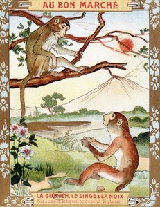 The Monkey and the Nut (Fable de La Fontaine) - Advertising Vignette du Bon Marché by French School