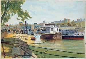 The pontoon of the boats of Suresnes at the bridge of the Saints Peres. 19th century engraving. Paris, Decorative Arts