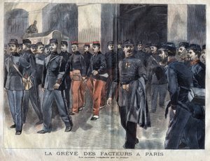 The postmen strike: soldiers and municipal guards charged with the distribution of letters in Paris. Engraving of 1899 in La petite Gironde by French School