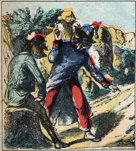 The sick lion and the fox. Fables by Jean de La Fontaine. Epinal imaging from the end of the 19th century