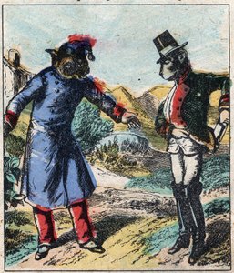 The sick lion and the fox. Fables by Jean de La Fontaine (1621-95). Epinal imaging from the end of the 19th century.