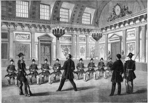 The son of Napoleon III, Prince Imperial (1856-1879), practicing weapons with the guards, before his father Emperor Napoleon III (1808-1873), in the guard room of the castle of Compiegne. Engraving in "Le Monde Illustré" n°349 of December 19 by French School