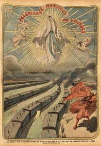 The trains destined for the national pilgrimage of Lourdes are greeted by the figure of Mary by French School