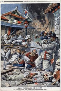The troubles of Korea, the Japanese guard struggling with the emeutiers in Seoul, discontent with the abdication of Yi-Yeung - 