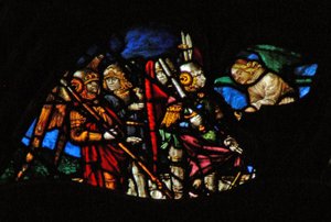 The west rose window depicting a scene from the Book of Revelation: Four angels of the Euphrates unbound