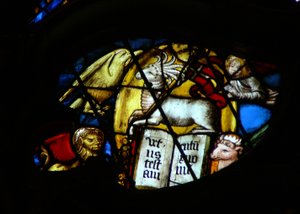 The West Rose Window Depicting a Scene from the Book of Revelation: Lamb with Seven Horns and Seven Eyes Opens the Book, Note the Four Evangelists Symbols