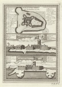 Three Views of Fort James in Gambia by French School