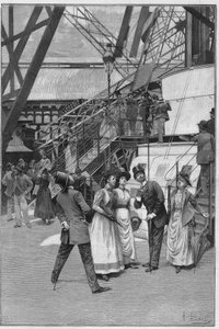 Tourists near the elevator of the first platform of the Eiffel Tower in Paris