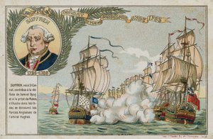 Trade card with an image depicting a naval battle by French School