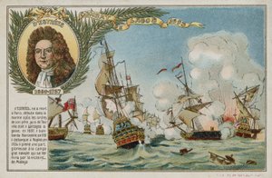 Trade card with an image depicting the Battle of Lagos by French School
