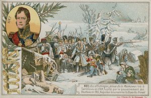Trade card with an image depicting the retreat from Russia by French School