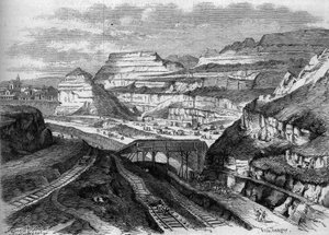 Transformations of Paris under the Second Empire, Paris Haussmannian: transformation into a park of the plaster quarries of Buttes-Chaumont (Buttes Chaumont). Engraving in "Le Monde Illustre" n°306 of 21 February 1863 by French School