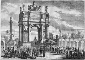 Transformations of Paris under the Second Empire, Haussmann Paris: arch of triumph at the inauguration of Boulevard du Prince Eugene (today Boulevard Voltaire) by Napoleon III. Engraving in 