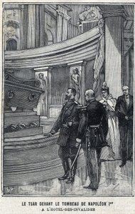 Tsar Nicholas II of Russia and Tsarina Alexandra Fiodorovna Romanova in front of the tomb of Napoleon I Bonaparte at the Hotel des Invalides in Paris, in "Le Petit Parisien" by French School