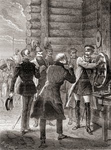 Tsar Nicholas I inaugurating the semaphore telegraph line between Moscow and Warsaw in 1833, using a modification of Claude Chappe