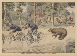 Two cyclists chased by an escaped bear by French School