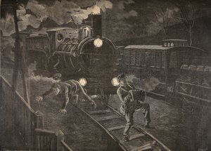 Two men hit by a train, illustration from Le Petit Journal: Supplement illustre, 1898 by French School