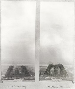 Two views of the construction of the Eiffel Tower, Paris, 12th December 1887 and 15th March 1888