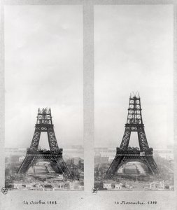 Two views of the construction of the Eiffel Tower, Paris, 14th October and 14th November 1888 by French School