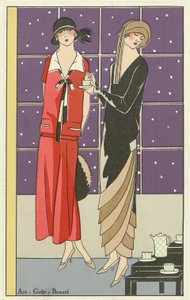 Two women having tea and dressed in designs by Jean Patou and Beer, from Art-Goût-Beauté
