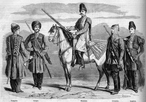 Types and uniforms of the special escort of the Emperor of Russia. From left to right: Trumpet, Cossack, Muslim, Circassian and Lesghian. Engraving in 