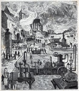 Use of Various Pump Systems in a Fire in the 19th Century - Engraving in 