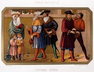 Various costumes of the bourgeoisie in the 16th century - chromo. 19th century based on period document by French School