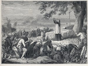 Vendee Wars (1793-1796): Priest inserts celebrating a mass under an oak for the insurgent population who reject sworn priests. Engraving from 1889. Private collection