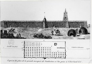 View and plan of the great mosque in Timbuktu, from Journal d