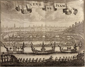 View of Ayutthaya with royal barges, from Voyage du Siam des Peres Jesuites by Guy Tachard, 1688 by French School
