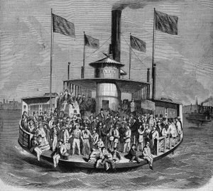 View of a steamer making connections between the islands and the city of New York. Engraving by French School
