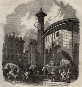 View of halle au ble in Paris (built in 1763-1769) and the Medici column, engraving beginning 19th century - wheat and corn exchange in Paris (built in 1763-1769), engraving early 19th century - View of the Halle au ble, placed on the present Hotel de Sois by French School