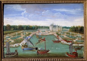 View of the Chateau de Chantilly and the parterres from Vertugadin