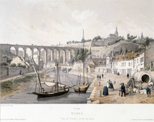 View of the Dinan viaduct and the wharf. Illustration of the 19th century preserved at the Museum of Dinan (engraving) by French School